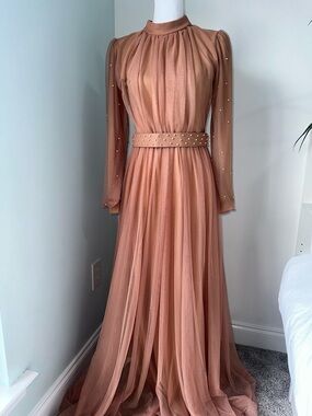 Dusty Rose Long-Sleeve Maxi Dress with Pearl-Studded Belt